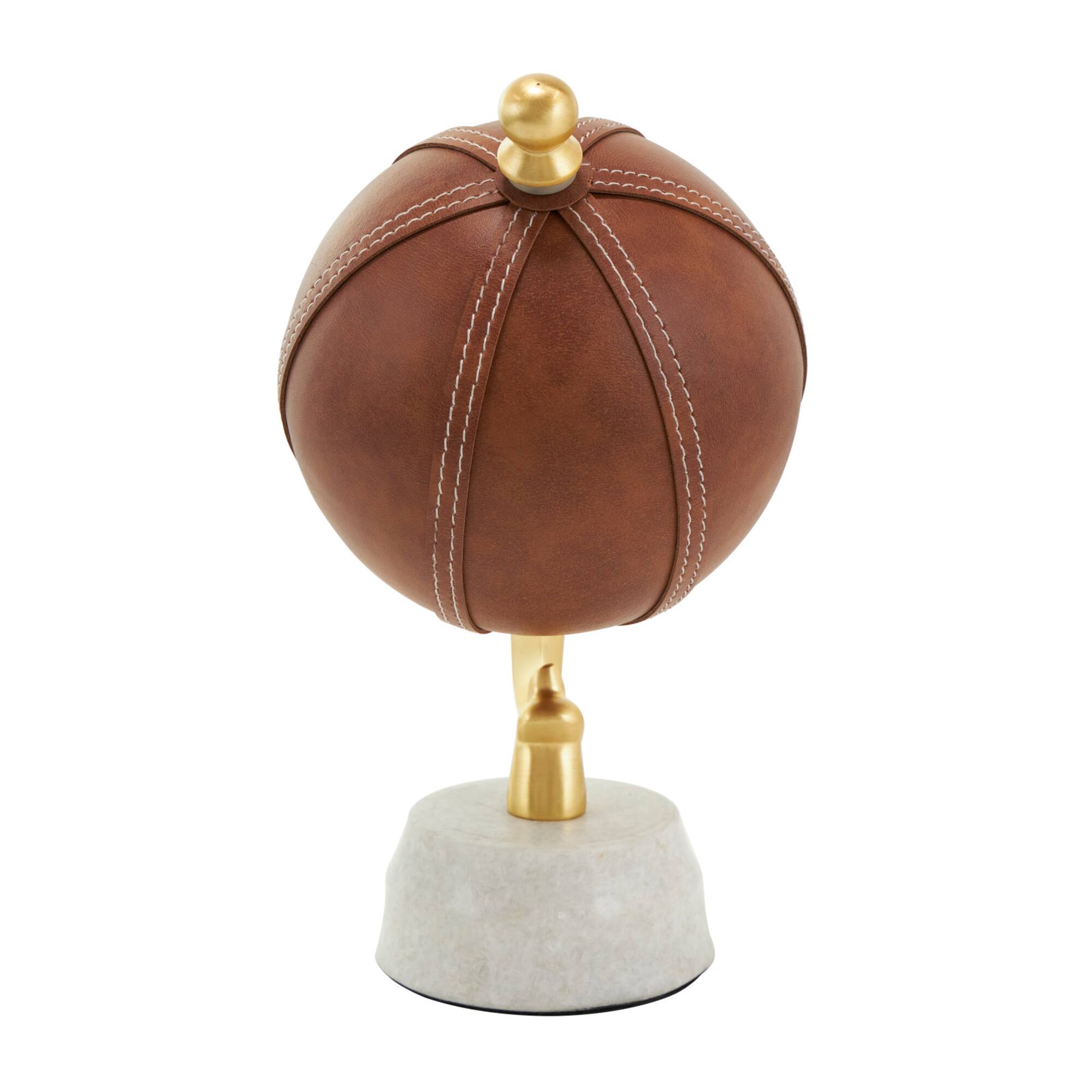12" Brown Leather Handmade Stitched Globe with White Marble Base